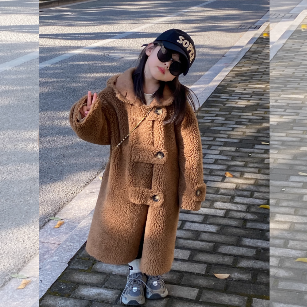 拓伴 羊毛儿童皮草女童皮毛一体外套羊剪绒中大童长款羊羔毛大衣