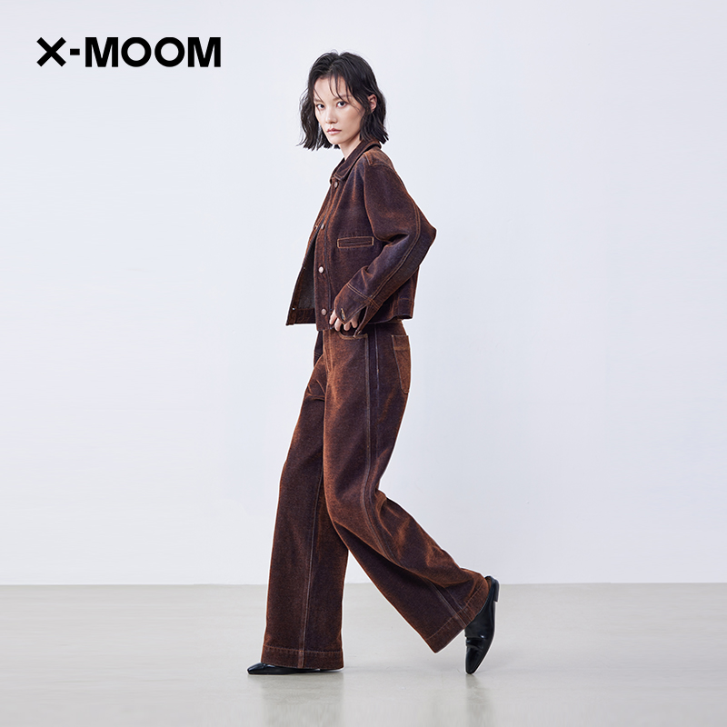 XMOOM植绒混色直筒梭织裤