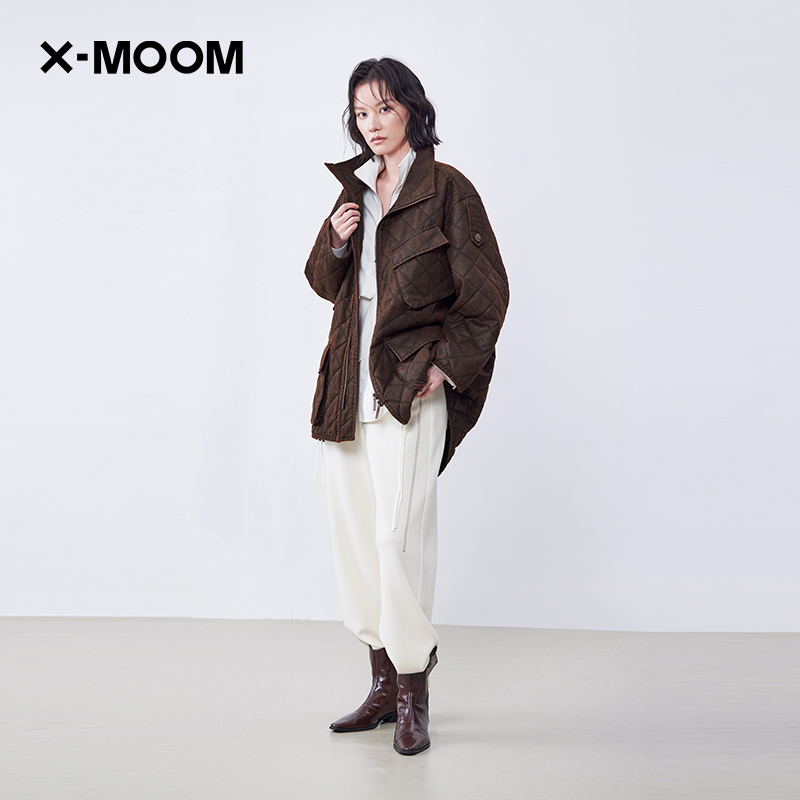 油蜡水洗菱形格绗缝中长款棉外套