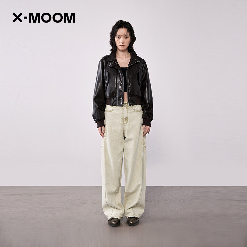 XMOOM油蜡环保皮罗纹立领皮茄克