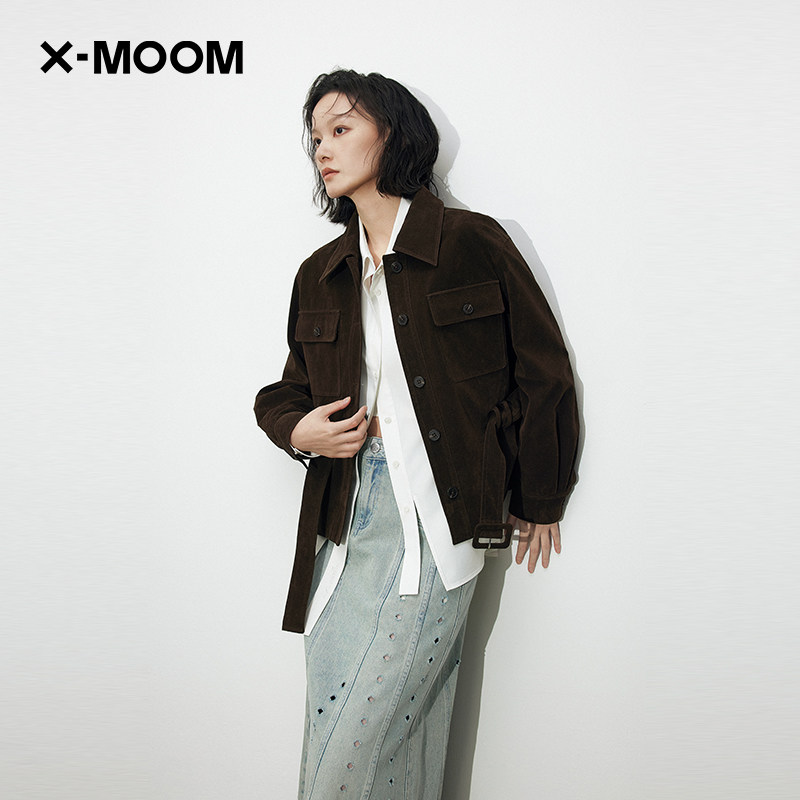 【商场同款】X--MOOM2026春季新款复古风系带收腰麂皮短外套女,女装/女士精品,短外套,淘宝优惠券,粉丝福利购,淘宝优惠卷