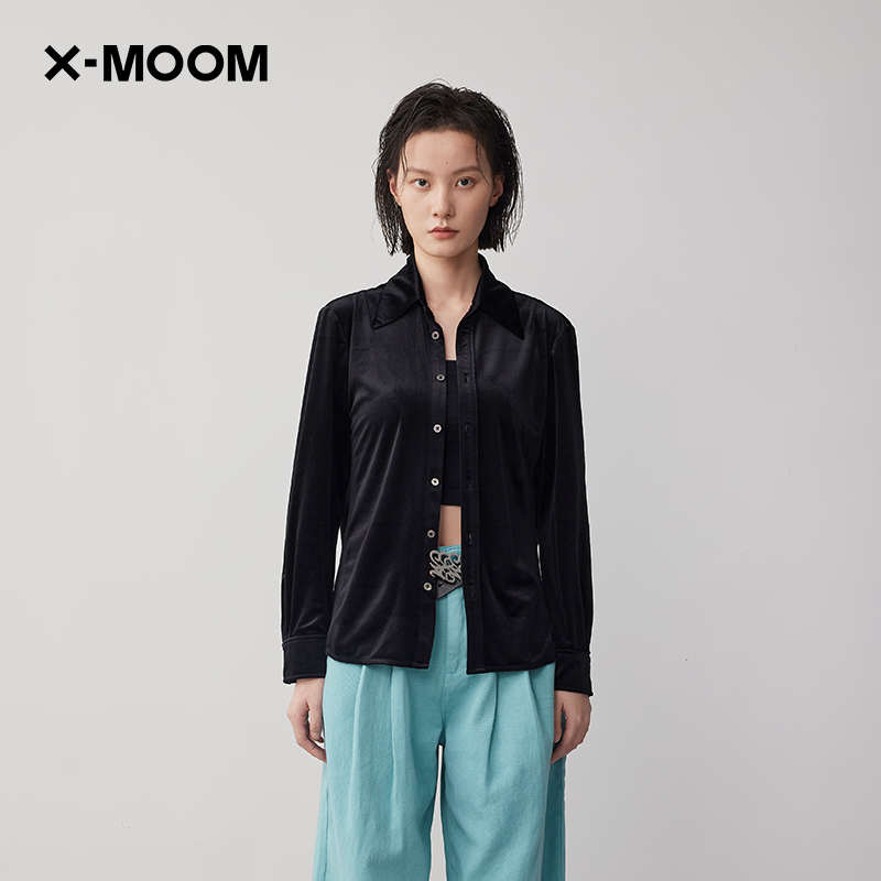 XMOOM宽松单排扣长袖丝绒衬衫