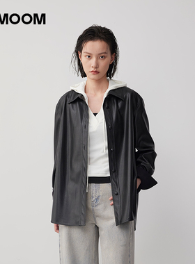 【商场同款】X--MOOM春季新款oversize衬衫黑色PU皮上衣短外套女