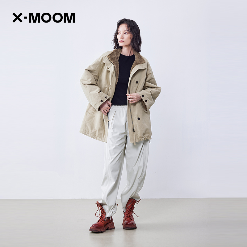 XMOOM内里环保皮草立领中长外套
