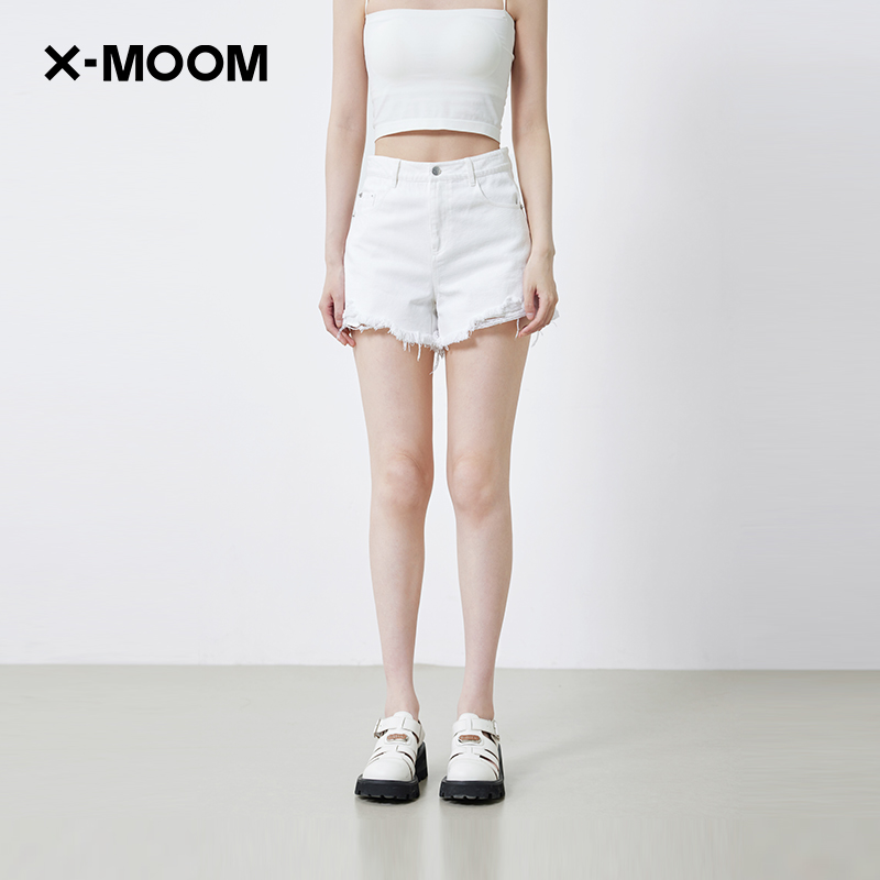 XMOOM露口袋布毛边超短牛仔短裤