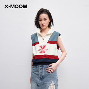 甜酷风美式 MOOM夏季 新款 上衣女 复古拼色立领无袖 商场同款