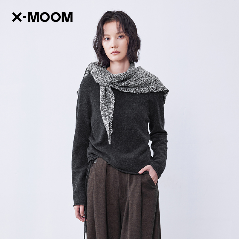 全羊毛一字领侧边抽绳毛衣