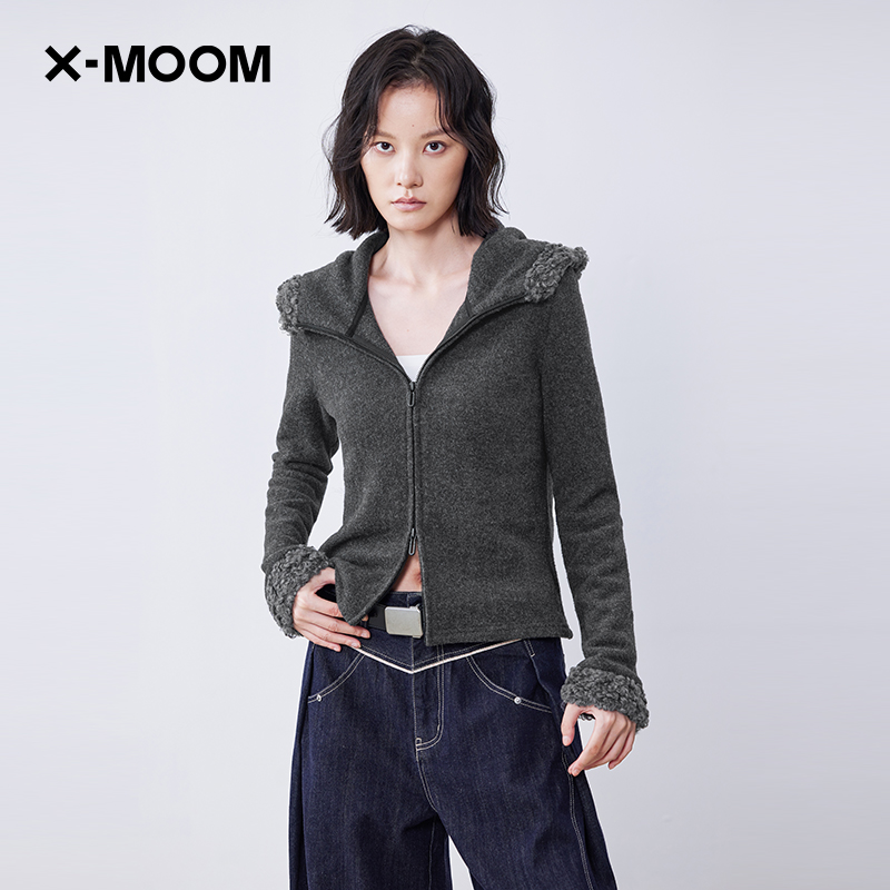 袖口帽边拼毛毛拉链外套