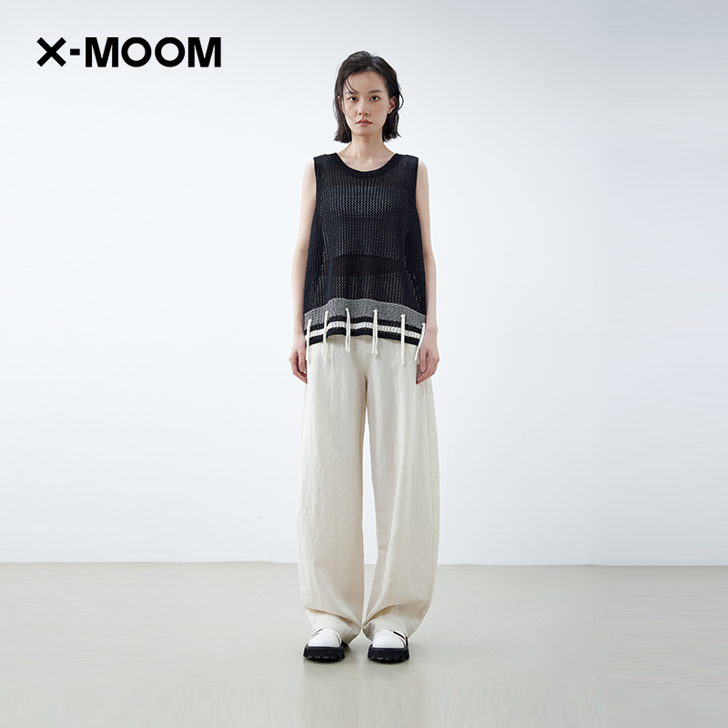 XMOOM下摆撞色流苏镂空针织衫
