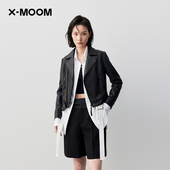 MOOM春秋新款 翻领拉链不对称机车夹克皮衣外套女 商场同款