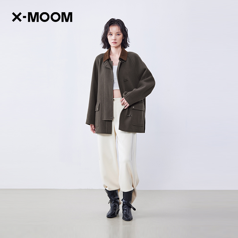 双面呢灯芯绒拼接翻领呢大衣