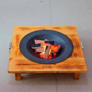 老式碳火盆铸铁炭盆实木烧烤架冬季户外围炉煮茶取暖烤火炉碳盆