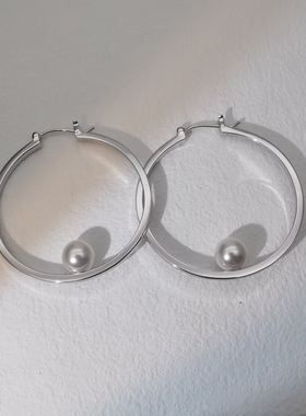 榴莲银饰 DURIAN  通体925银镀铑金珍珠大耳圈简约耳钉素圈耳环