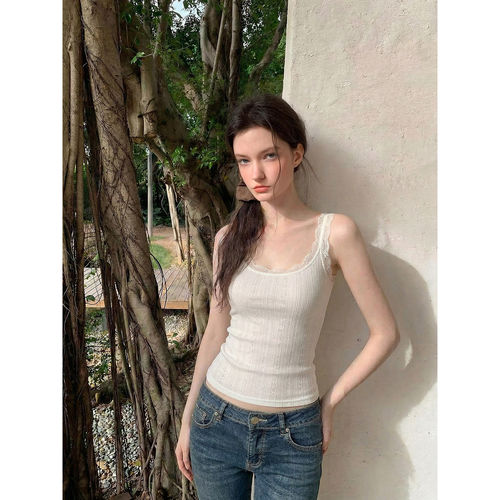 Creamsu叙白 白色蕾丝花边吊带背心女夏季纯欲修身百搭无袖短上衣