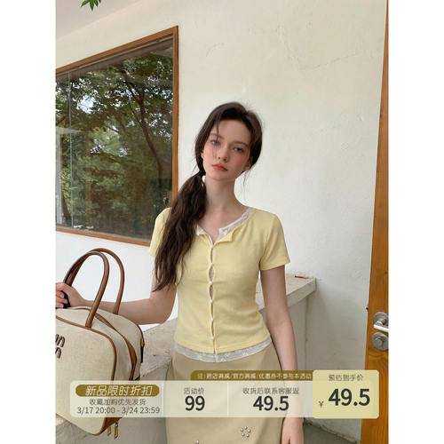Creamsu叙白 镂空蕾丝拼接假两件短袖T恤女夏季设计感修身短上衣