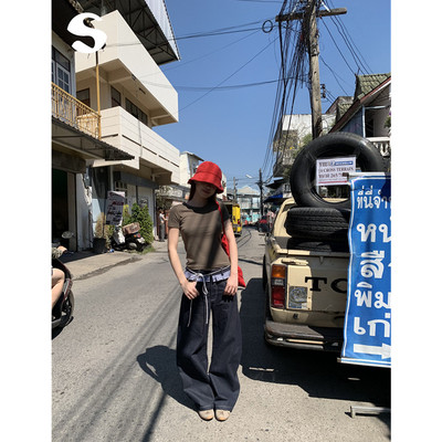 格子花边拼接抽绳休闲直筒牛仔裤