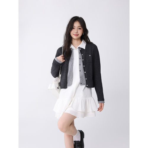 Creamsu叙白 撞色假两件针织开衫女秋季新款拼接灰色毛衣长袖上衣