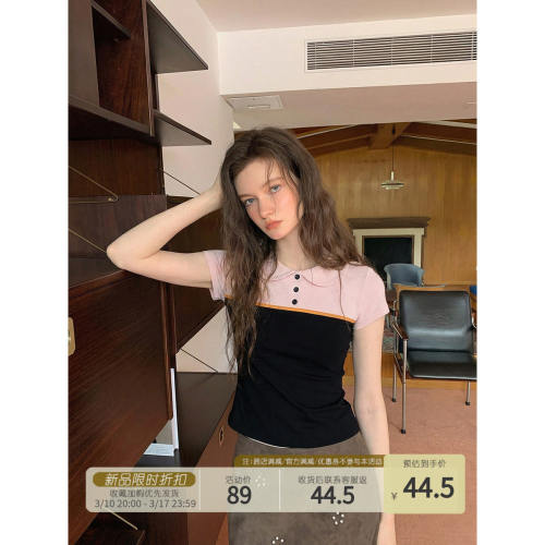 Creamsu叙白 娃娃领撞色polo正肩短袖T恤女春季修身显瘦短款上衣
