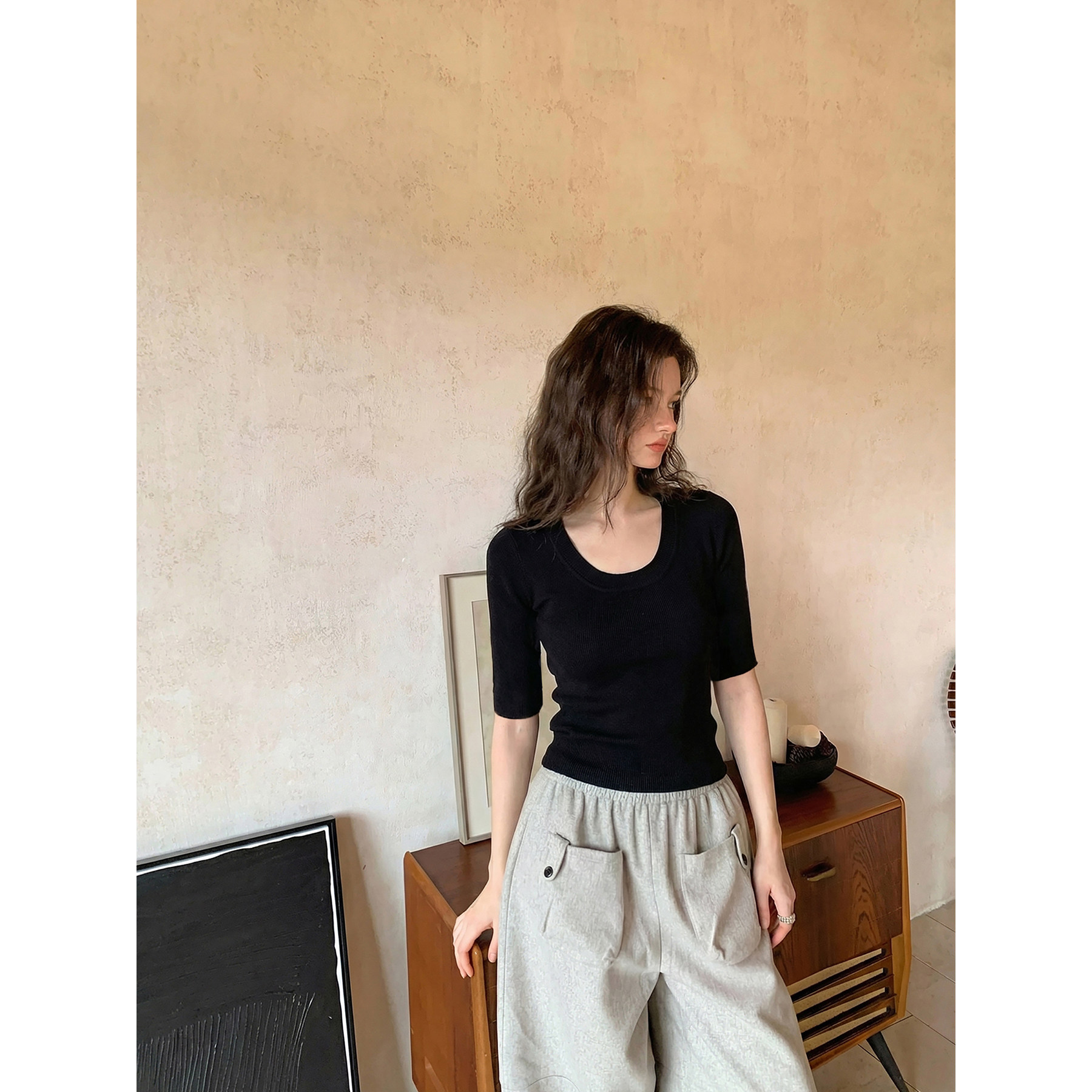 Creamsu叙白 韩系U领正肩五分袖T恤女春夏季慵懒显瘦修身气质上衣图片
