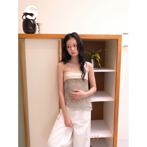 豹纹缎面拼接不规则抹胸背心上衣