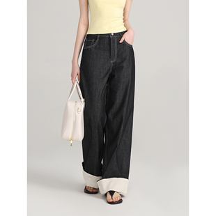 Creamsu叙白 2025夏季新款简约百搭修身女修饰腿形阔腿翻边牛仔裤