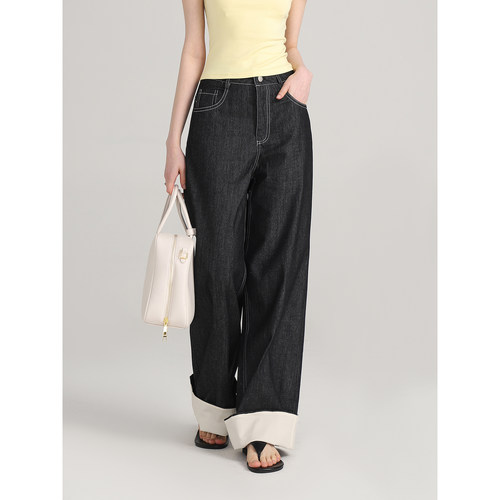 Creamsu叙白 2025夏季新款简约百搭修身女修饰腿形阔腿翻边牛仔裤