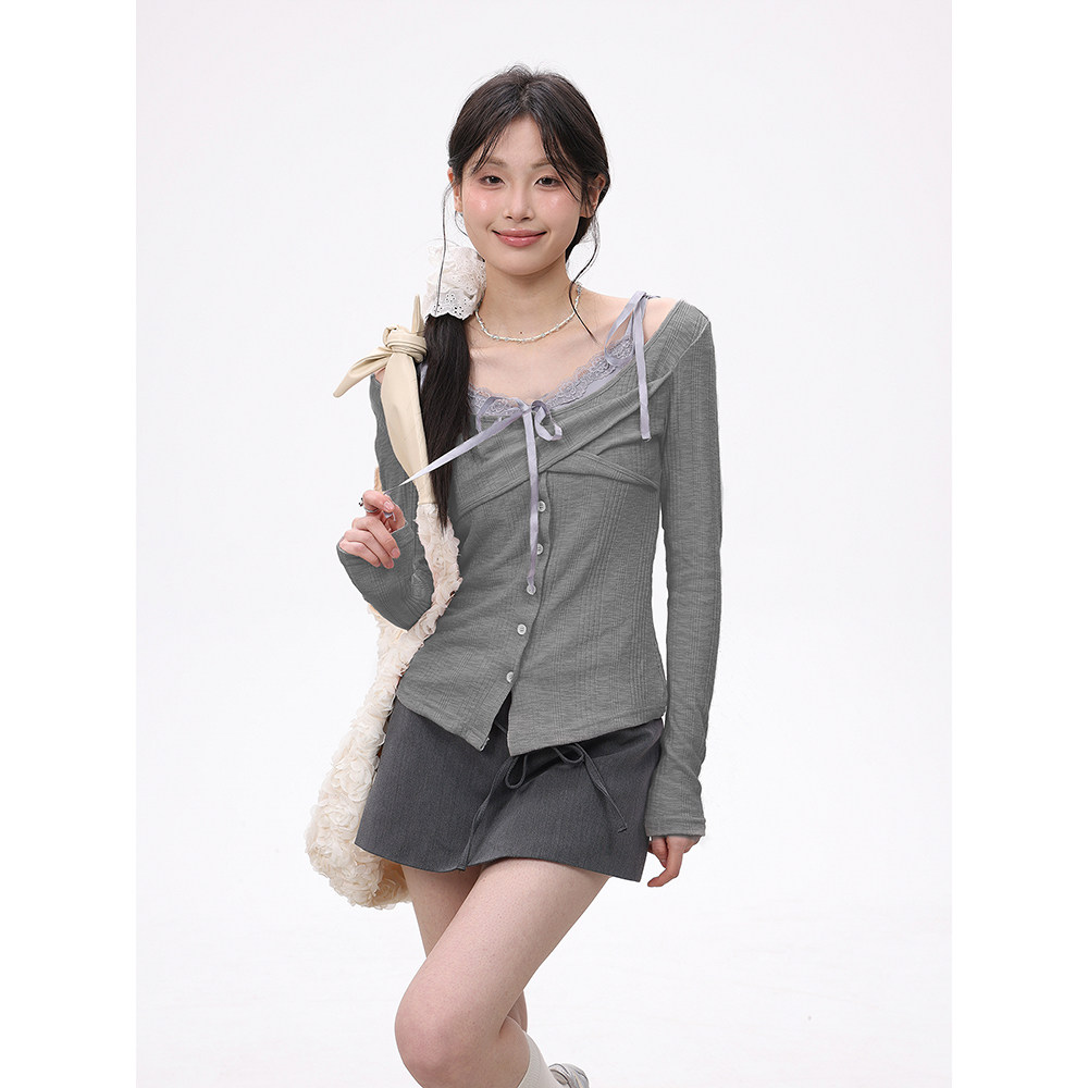 Creamsu叙白 灰色一字领长袖打底T恤女春夏修身显瘦吊带背心套装图片