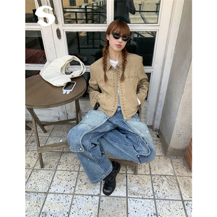 Sleep at 11 早秋季美拉德穿搭夹克铆钉棕色麂皮绒短款外套女上衣