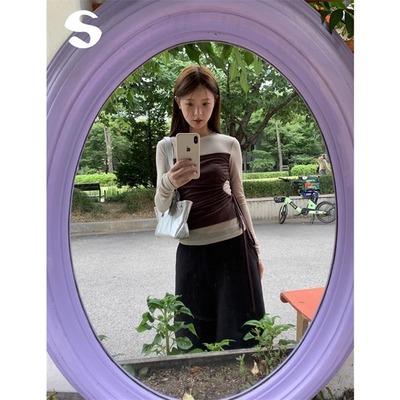 通勤百搭假两件抽绳打底长袖上衣