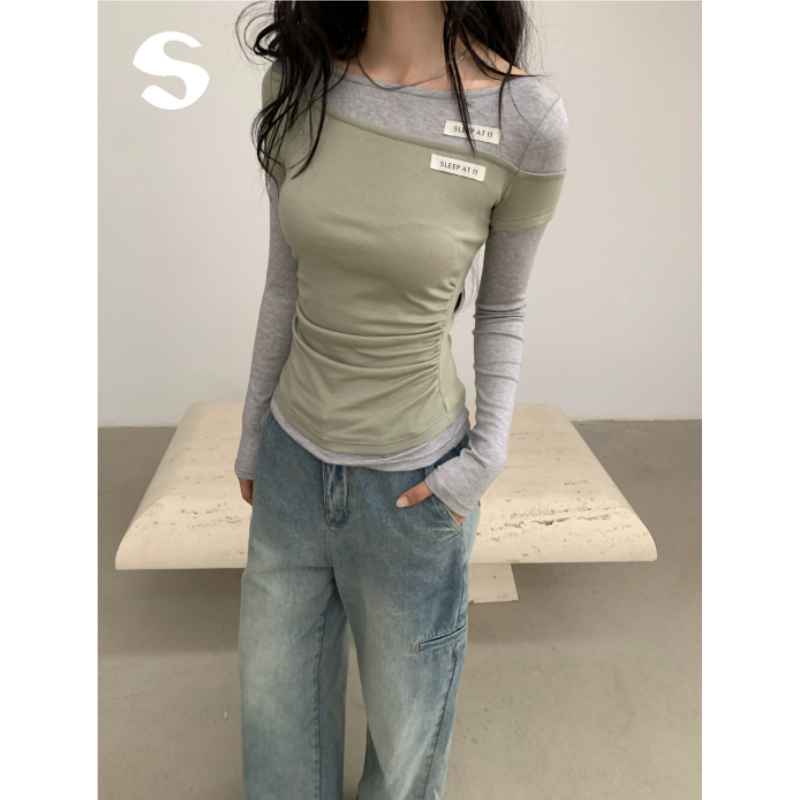 莱赛尔羊毛假两件长袖打底衫上衣