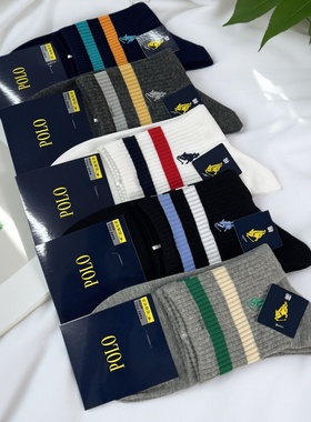 POLO袜子男秋冬纯棉学院风运动中筒袜无骨防臭学生双杠休闲袜3878