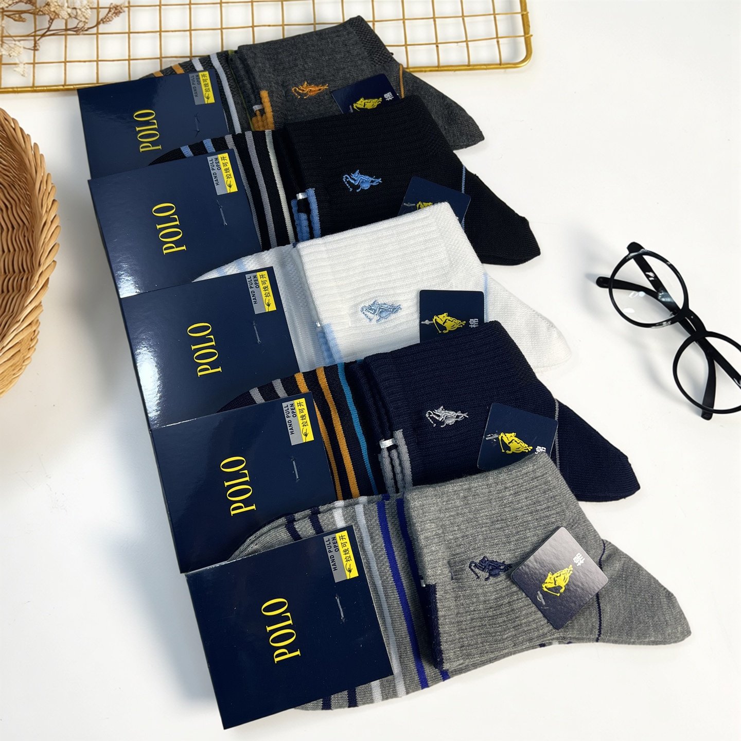 新品POLO袜子男春夏薄纯棉网眼条纹中筒袜吸汗透气运动短袜潮3900 - 实物图