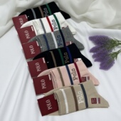 新品 POLO袜子女秋冬厚纯棉无骨防臭字母条纹中长筒袜运动袜朝1975