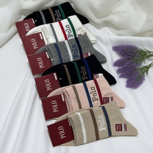 新品 POLO袜子女秋冬厚纯棉无骨防臭字母条纹中长筒袜运动袜朝1975