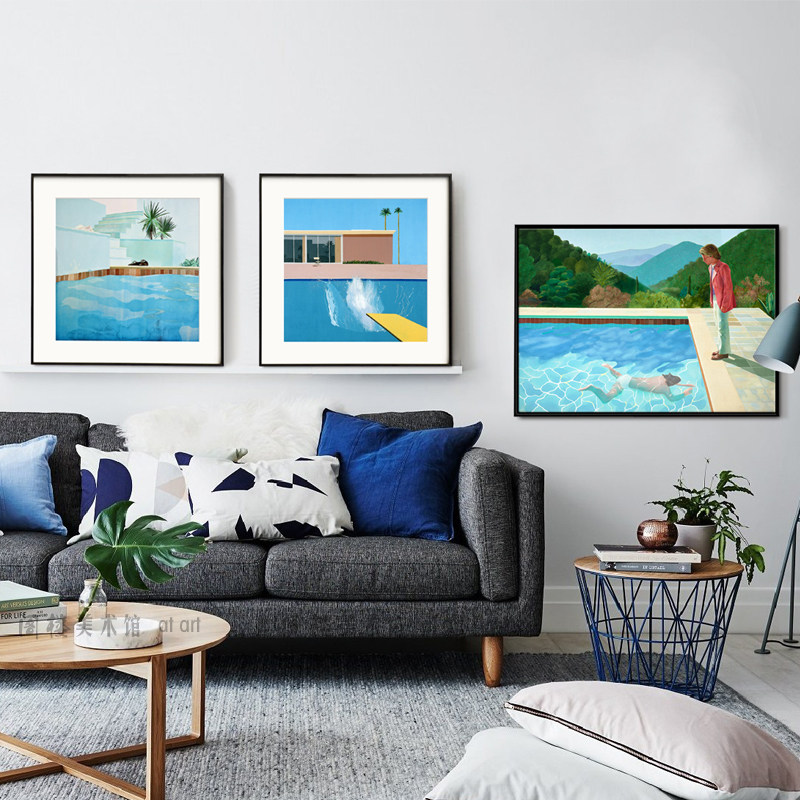 游泳池a组 大卫霍克尼 阁楼美术馆客厅装饰画沙发墙挂画金属画框