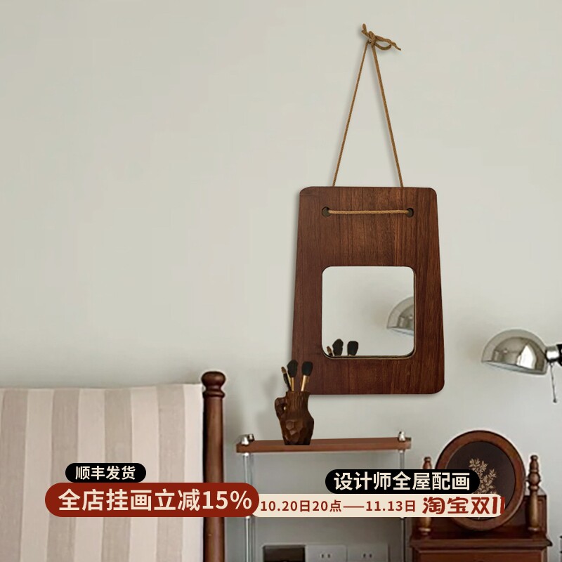 中古麻绳吊镜纯手工高清真镜面化妆镜入户玄关镜卧室梳妆台装饰画