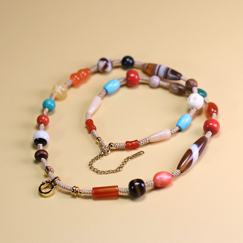 5A级西藏天然真品老矿原石缠丝玛瑙天珠松石蜜蜡尸陀林锁骨项链绳