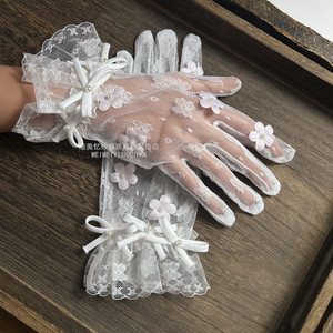 短款蕾丝白色蝴蝶结小花手套