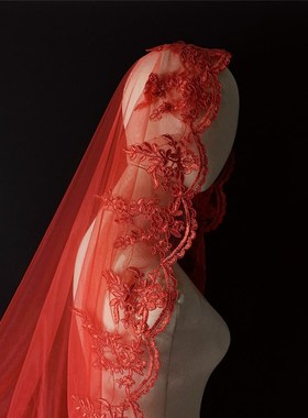 红色头纱新娘红盖头结婚纱复古风中式秀禾汉服半透明网纱蒙头拍照