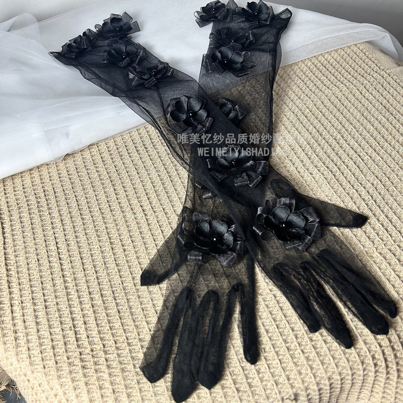 新娘超仙黑色时尚纱手工花瓣手套