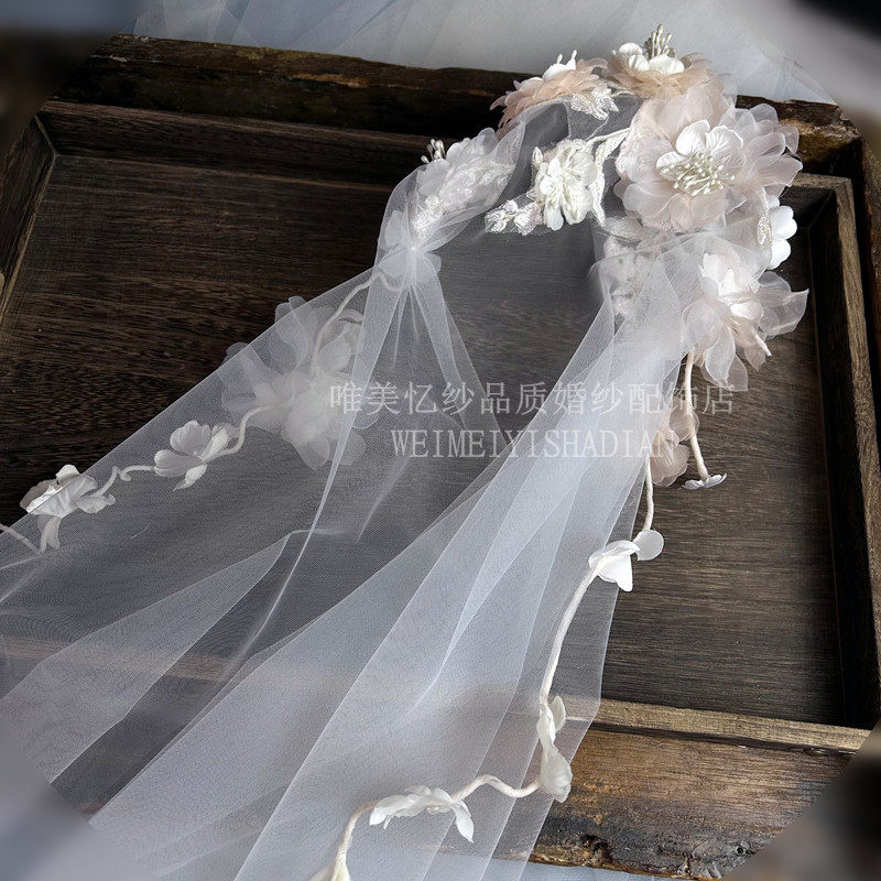 定制新款超仙头纱手工花朵新娘结婚头饰婚纱礼服配饰写真拍照影楼
