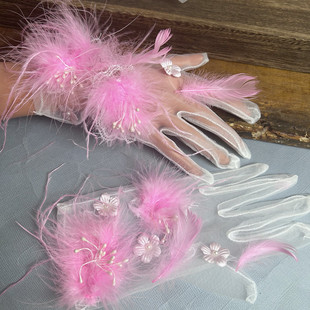 新款个性超仙时尚羽毛纱手套新娘写真拍照摄影楼婚纱礼服手套粉系