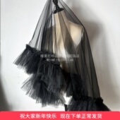 黑色头纱复古超仙素纱荷叶边百褶单层头纱摄影新娘写真拍照配饰