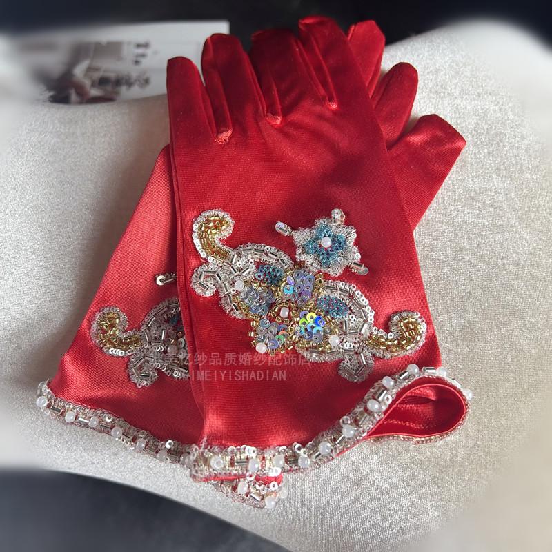 原创秀禾服手套红色手工金花亮片