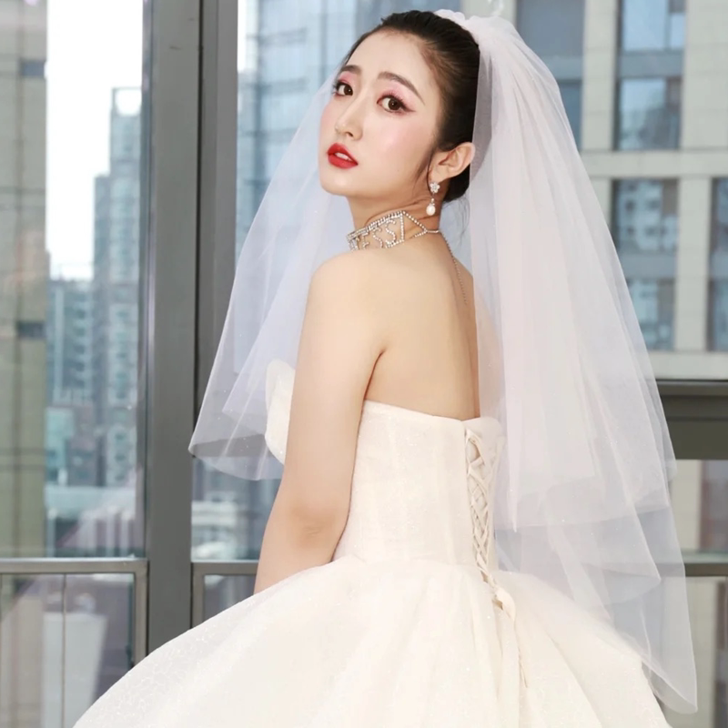 新款头纱白色婚礼新娘头纱多层蓬蓬素纱白色韩式婚纱造型短款头纱