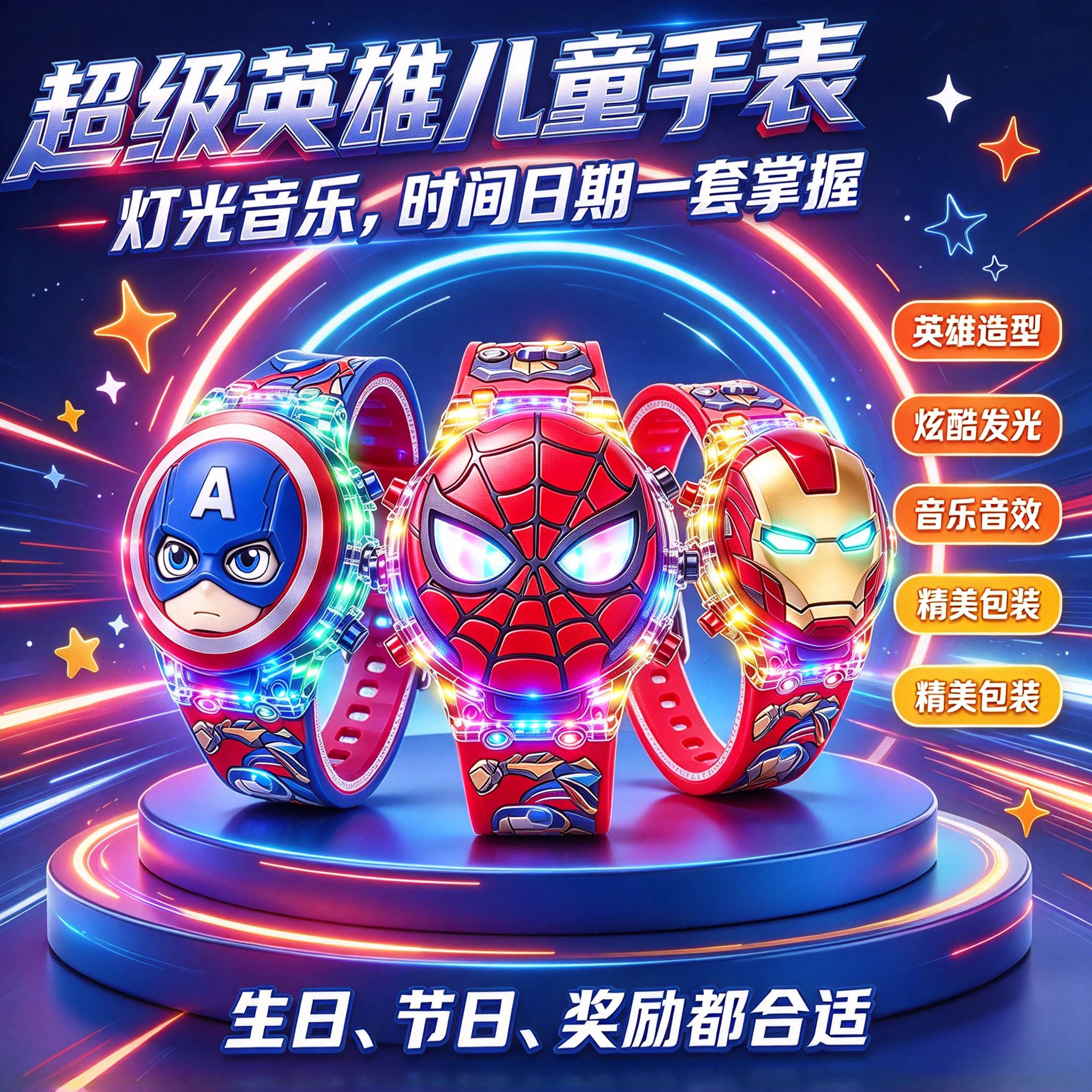超级英雄儿童手表玩具男孩3到6岁蜘蛛侠钢铁侠发光音乐卡通电子表