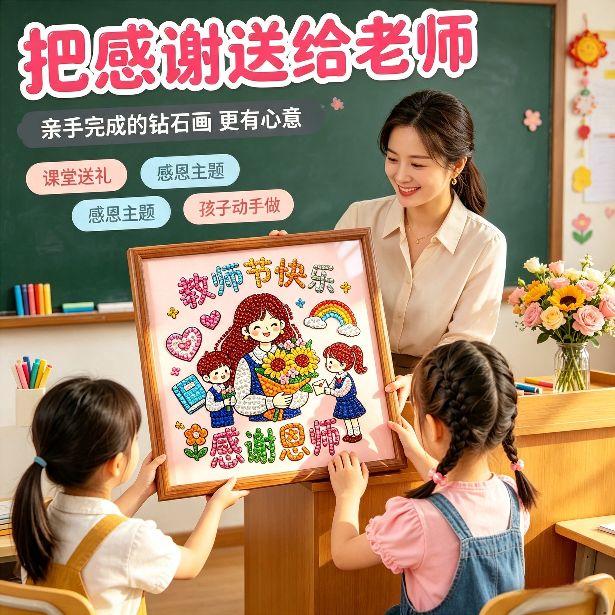 新款教师节礼物珍珠画手工diy幼儿园小学生送女老师钻石贴画玩具6