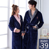 睡衣长袖 大码 浴袍情侣款 加厚珊瑚绒睡袍男冬季 一对法兰绒女长款