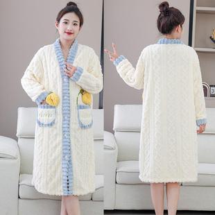2024秋冬睡衣女可爱V领中长款 纽扣加绒保暖浴袍 家居服睡袍一体式