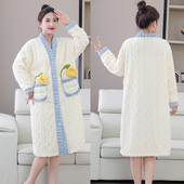 2025秋冬睡衣女宽松V领中长款 珊瑚绒睡袍一体式 纽扣加绒保暖浴袍